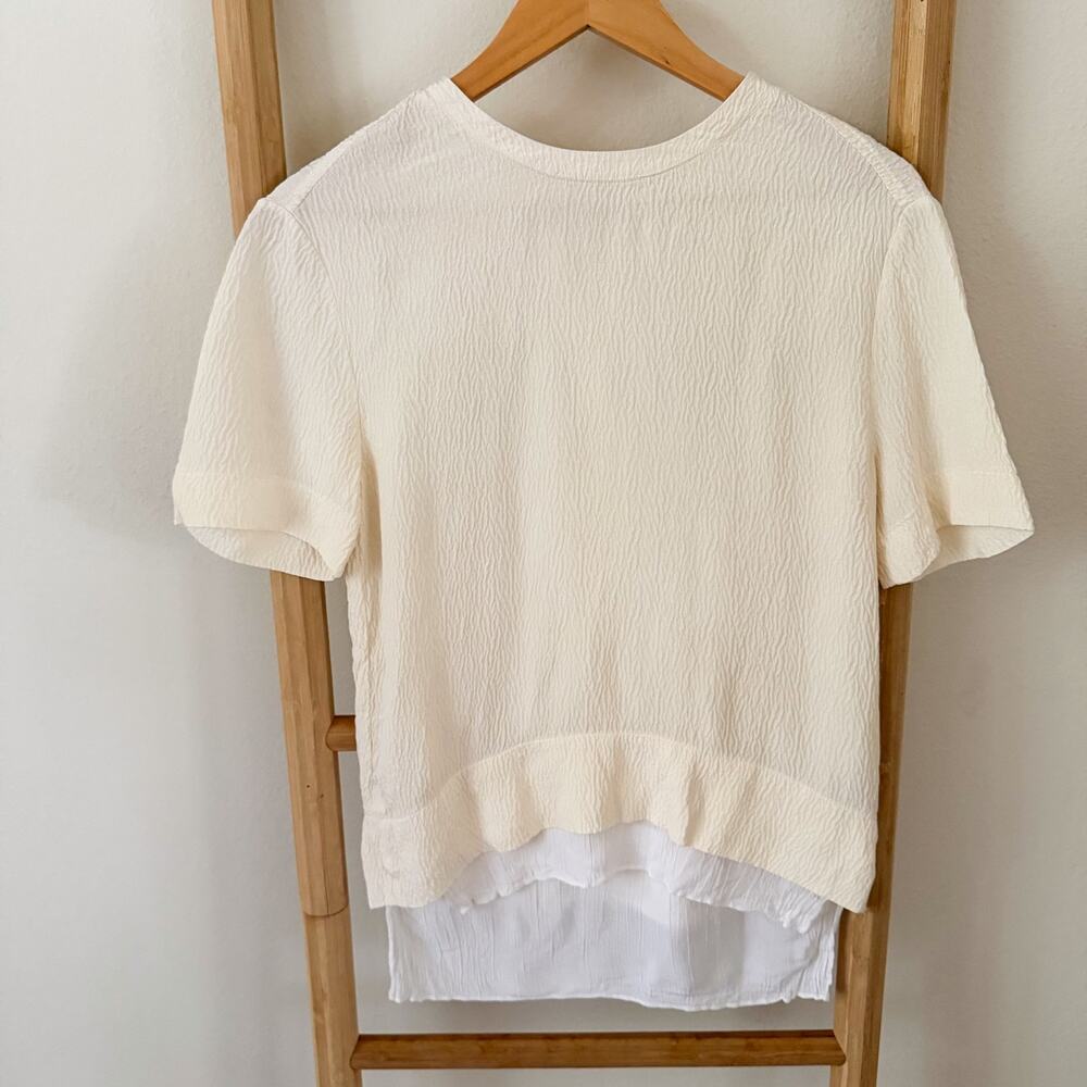 Helmut Lang Silk Layered Top Size P Ivory White Textured Short Sleeve Blouse XS